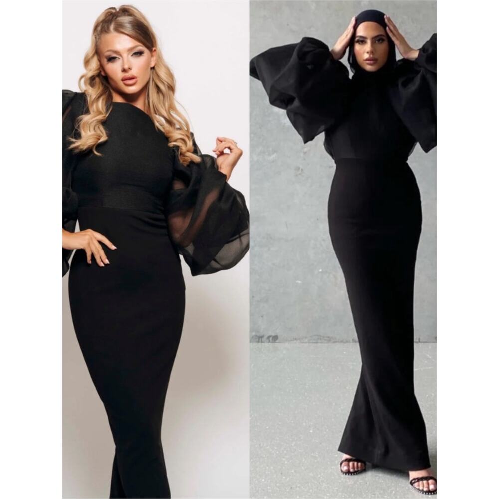 SOLACE LONDON Ziya Puff Sheer Balloon Sleeve Black Maxi Dress Size 2 - Picture 3 of 9